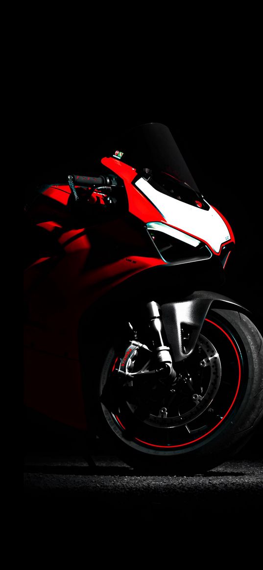 motorcycle, bike, red, steering wheel, wheel, black background