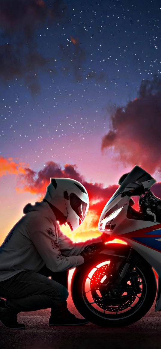 motorcycle, bike, bmw, motorcyclist, knee, sunset, starry sky