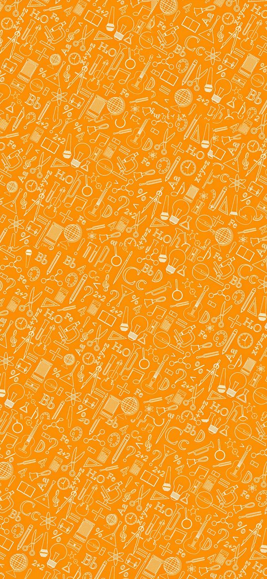 school, items, formulas, orange background, texture