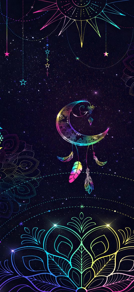 dream catcher, neon, amulet, feathers, moon