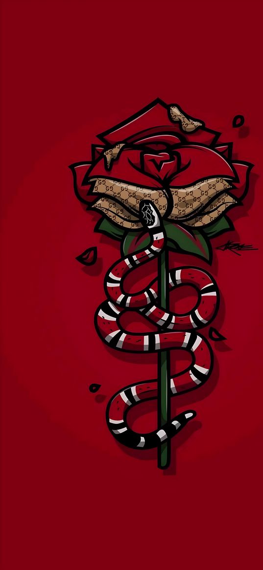 rose, snake, gucci, art, red background