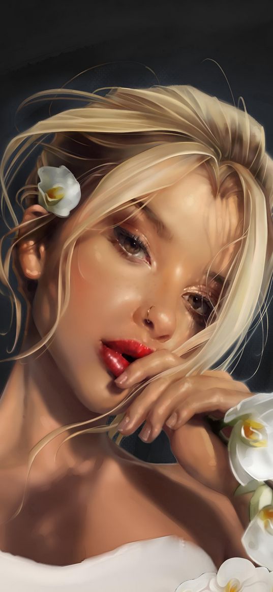 girl, blonde, portrait, orchids, flowers, art