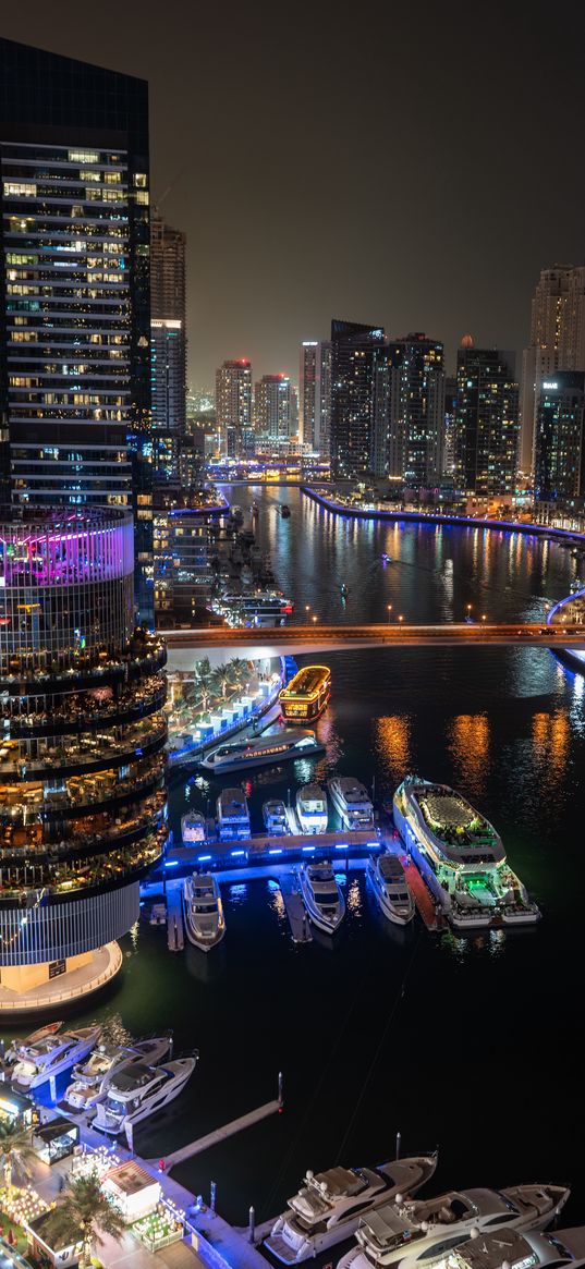 buildings, architecture, pier, yachts, neon, lights, city