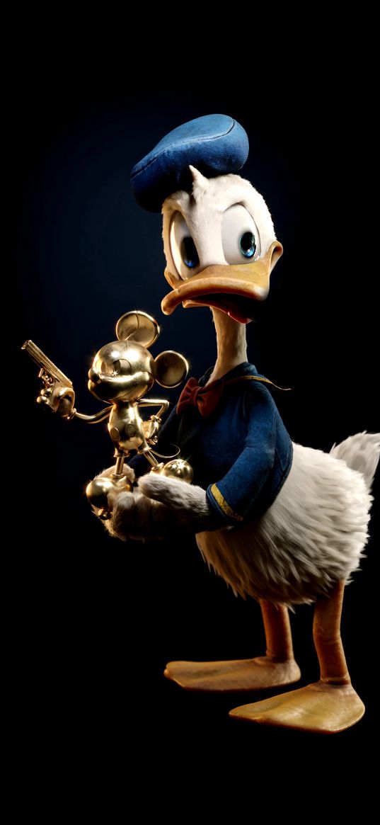 donald duck, duck, mickey mouse, statuette, disney, black background, digital art