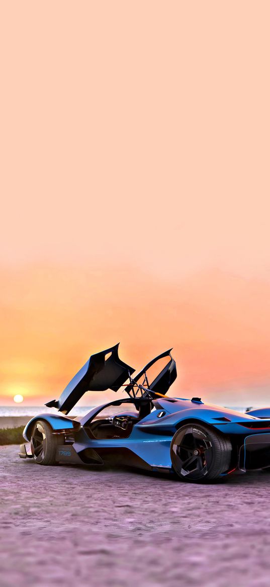 concept car, sports car, car, blue, sea, sunset, digital art