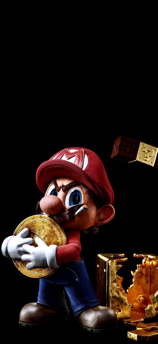 super mario, video game, bitcoin, black background, digital art