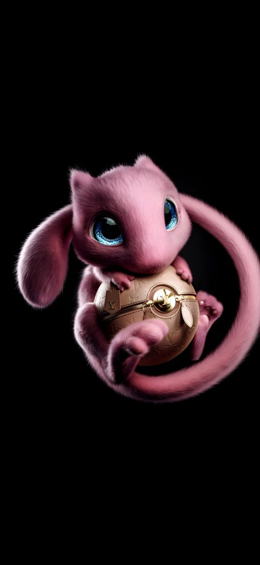 mew, pokemon, pink, pokeball, bag, louis vuitton, black background, digital art