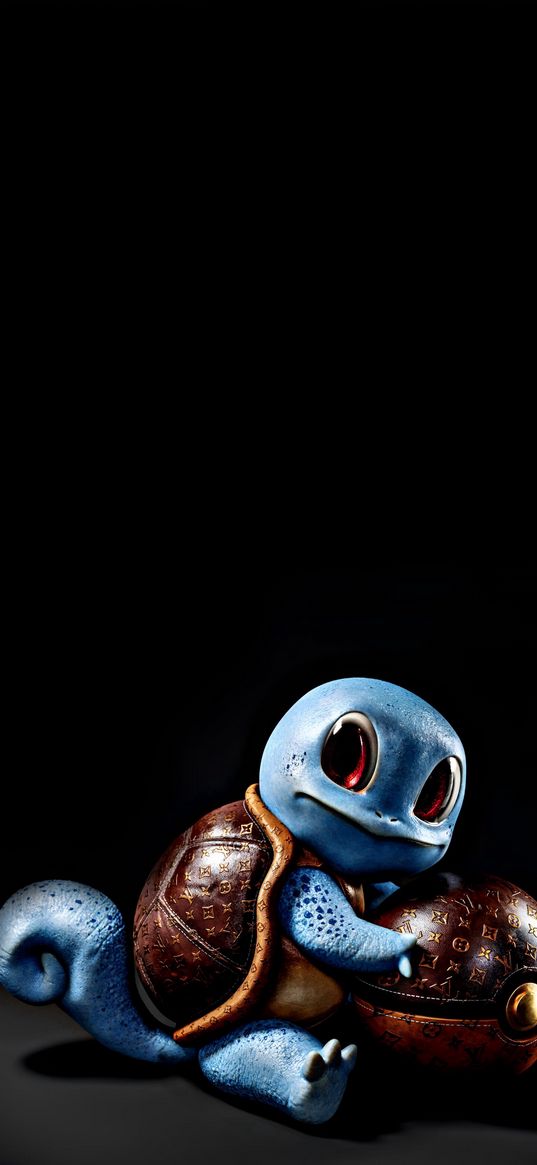 squirtle, pokemon, turtle, blue, bag, pokeball, louis vuitton, black background, digital art