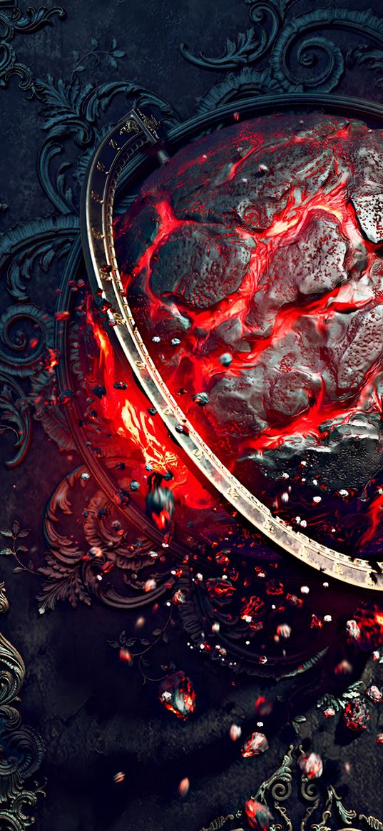 ball, flame, lava, metal, vintage, red, gray, digital art