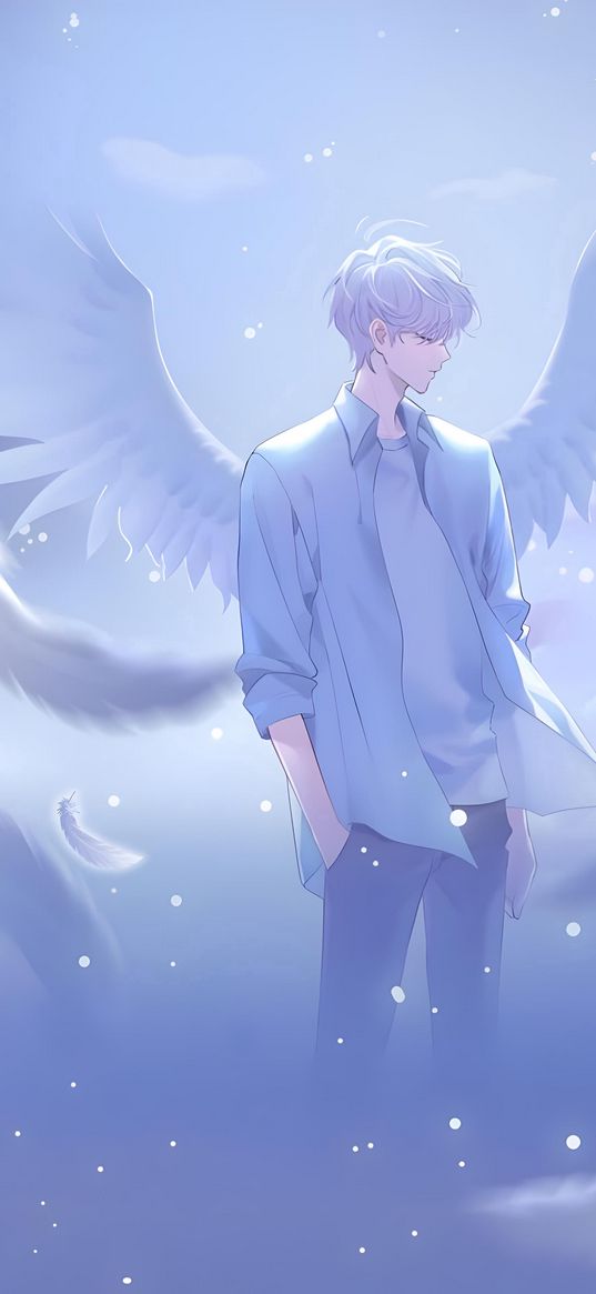 guy, wings, angel, shirt, feathers, anime, art