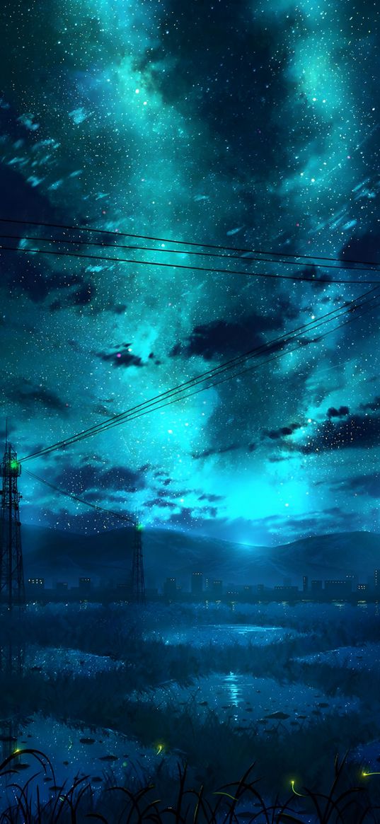 towers, wires, field, starry sky, stars, night, art