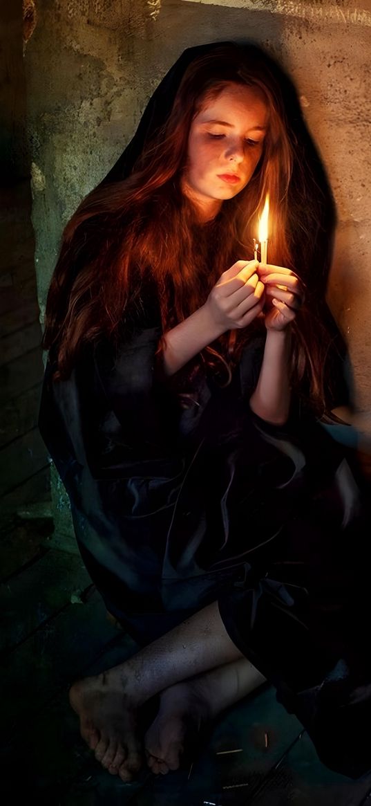 girl, candle, matches, handkerchief, dirty