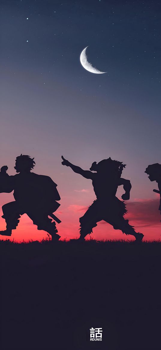 demon slayer, anime, squad, characters, silhouette, sunset, moon, art