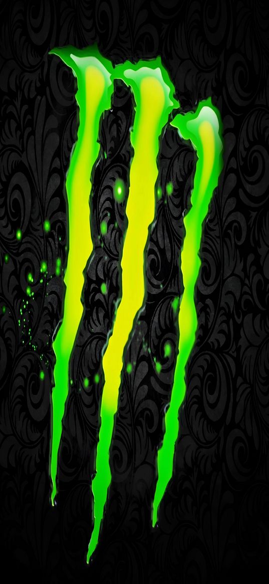 monster energy, logo, scratches, green, patterns