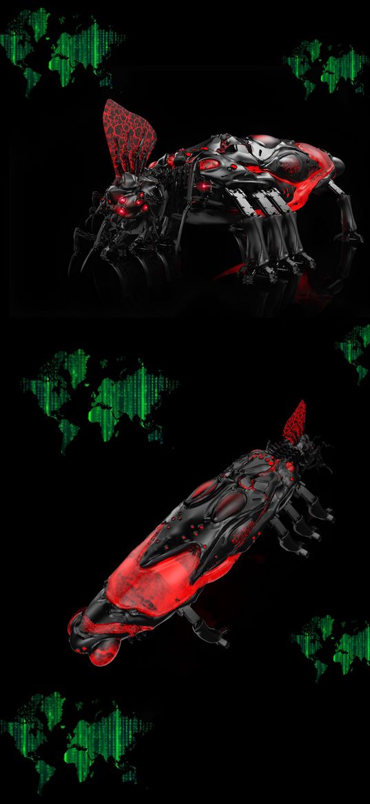 beetles, mechanism, 3d, red, green, black background, digital art