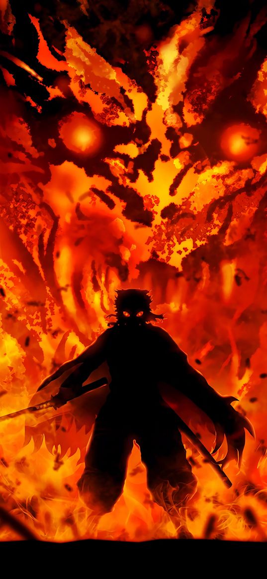 rengoku, demon slayer, hero, anime, dragon, fire