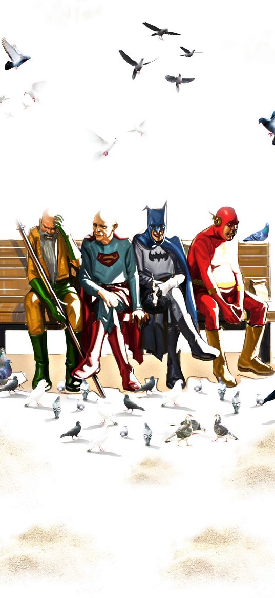 superheroes, future, old age, bench, pigeons, drawing, humor, digital art