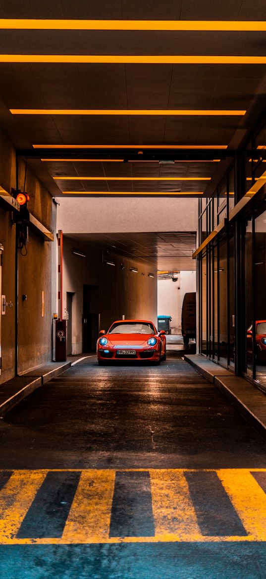 porsche, porsche 911, car, red, dark, parking