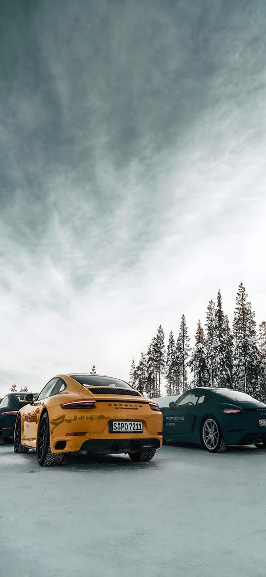 porsche, porsche 911, cars, yellow, snow, winter, back view