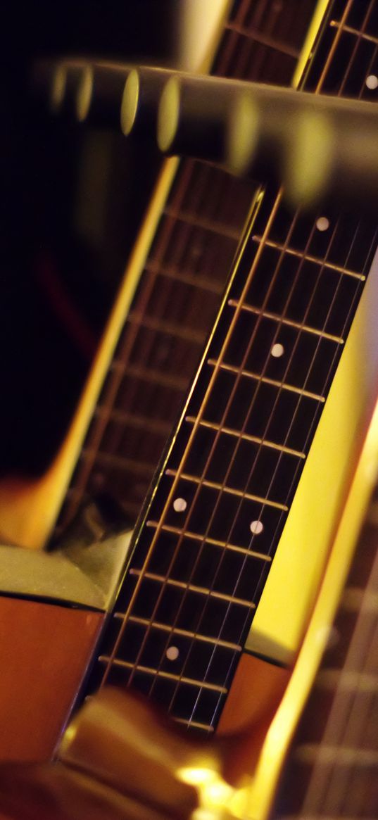 guitar, fretboard, strings, reflection, music, blue