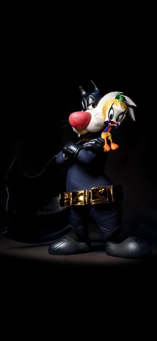 sylvester, tweety, cat, canary, looney tunes, cartoon, batman, joker, cosplay, black background, digital art