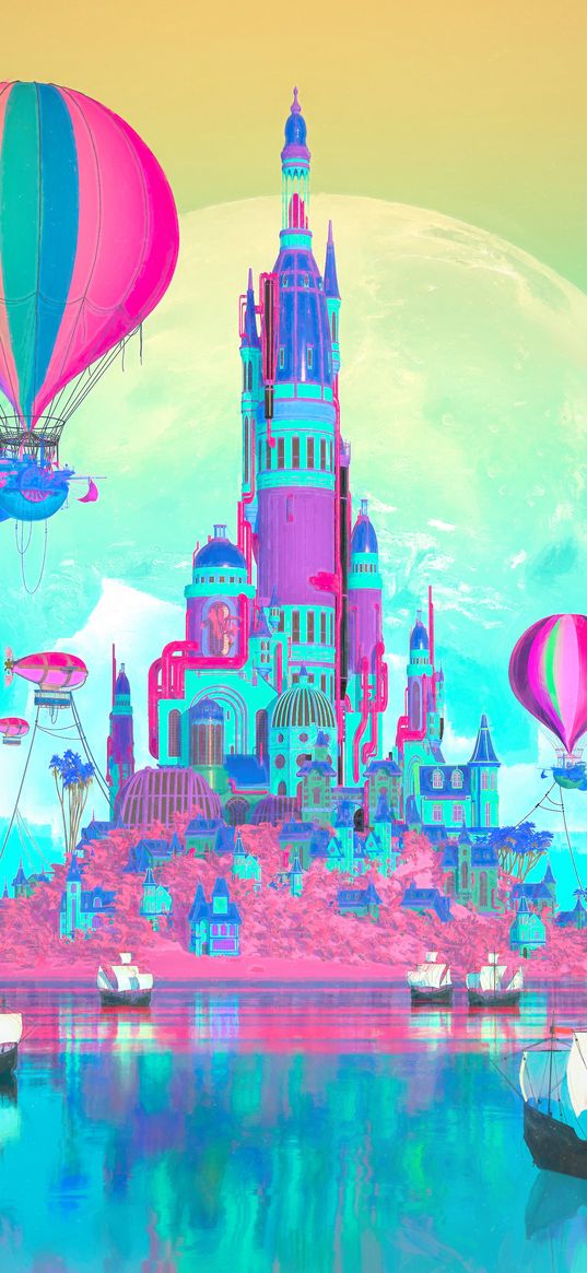 castle, palace, sea, ships, airship, planet, pink, blue, neon, art