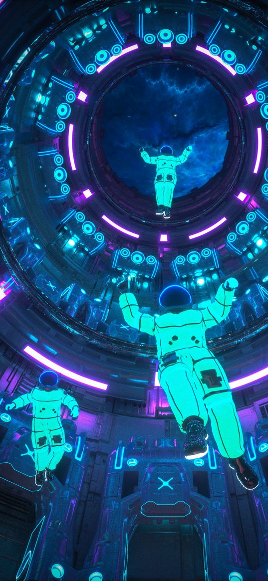 astronauts, weightlessness, spaceship, hatch, neon, digital art