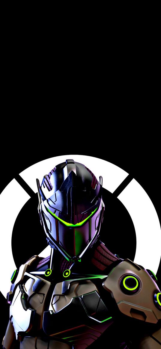 genji, overwatch, game, ninja, cyborg, helmet, black background, digital art