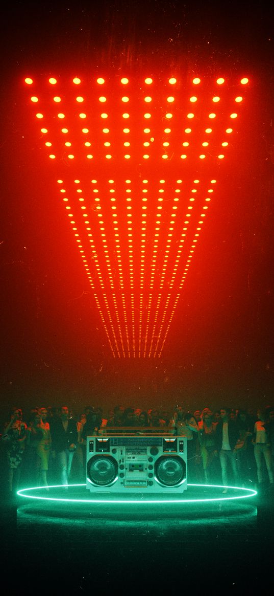 tape recorder, people, crowd, club, light, orange, green, digital art