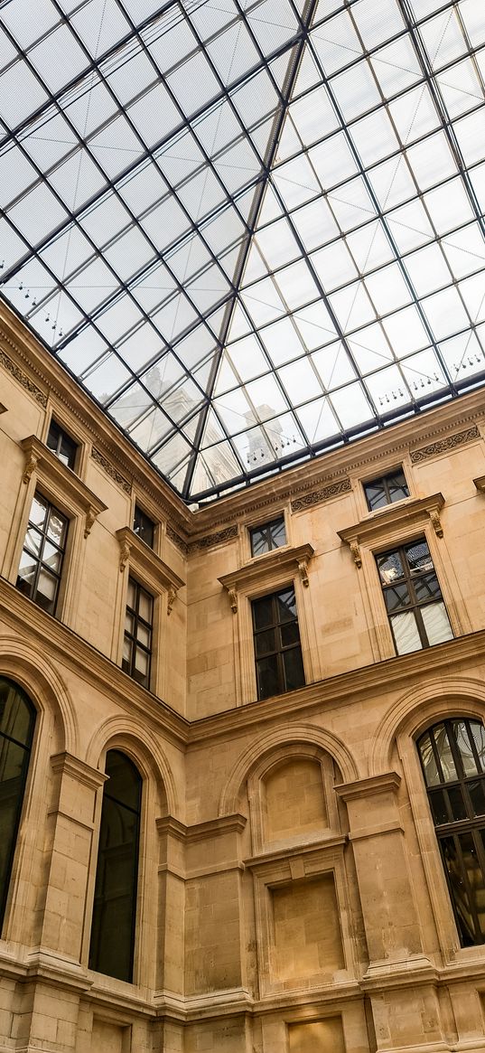 louvre, building, pyramid, landmark, paris, city