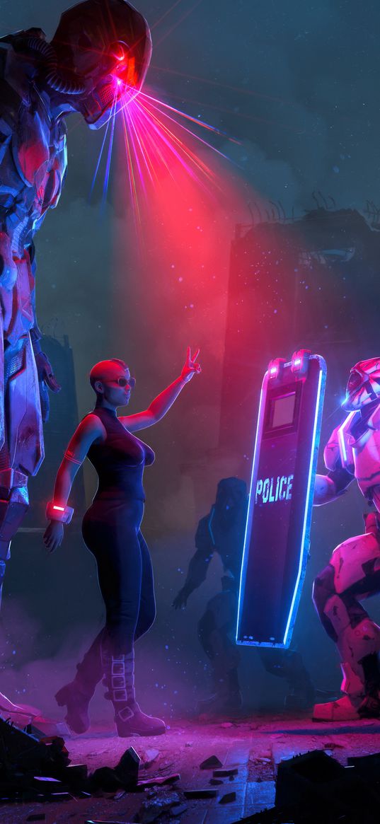 girl, robot, police, shield, light, neon, cyberpunk, art