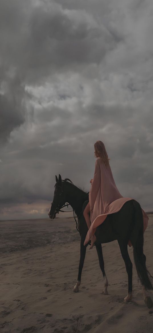 girl, horse, mantle, desert, cloudy, clouds