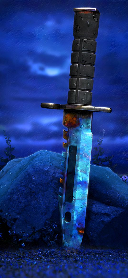 knife, stone, rain, gradient, clouds, art