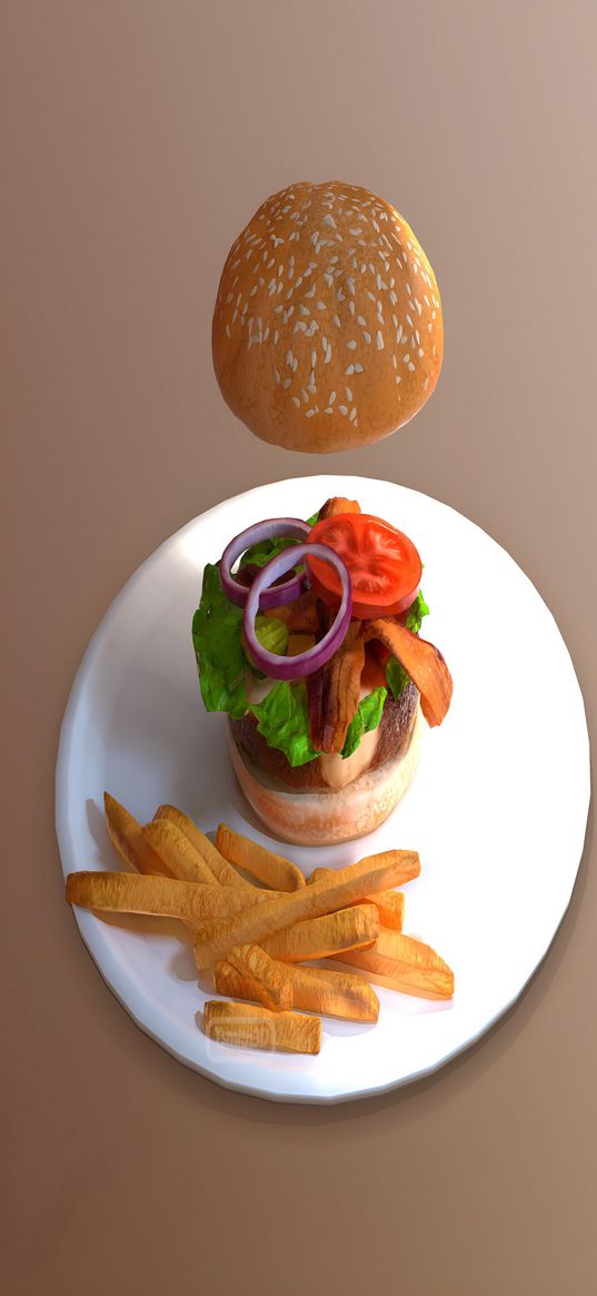 burger, fries, food, plate, art