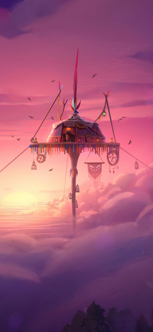 house, building, tent, shaman, dreamcatcher, pink sky, pink background, height, fantasy, art