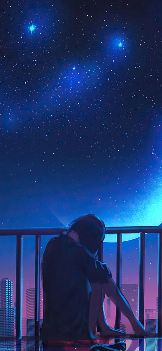 girl, loneliness, night, balcony, roof, planet, art