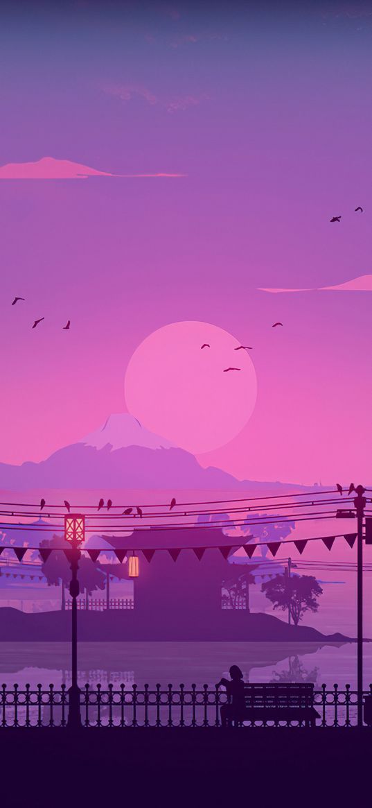 pagoda, birds, sky, pink, purple, sun, shore, lanterns, art