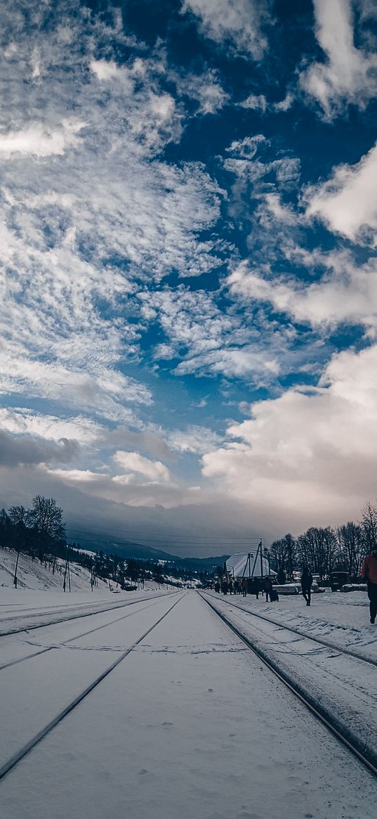 sky, clouds, trees, rails, railroad