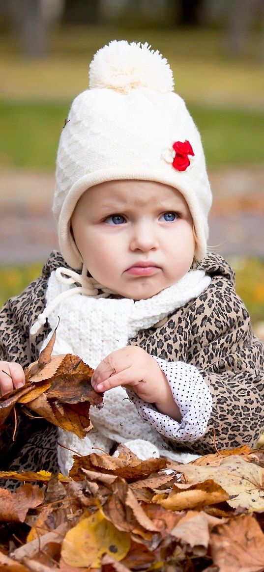 girl, child, fall, leaves