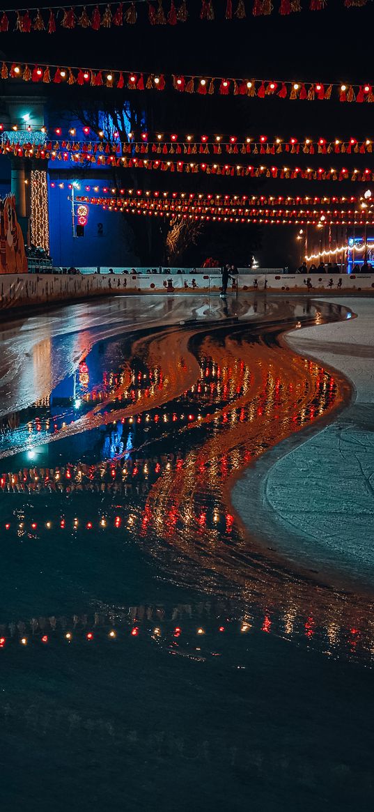 skates, skating rink, ice, lights, lamps, light