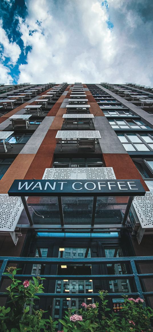 architecture, building, coffee shop, coffee, bottom view, sky