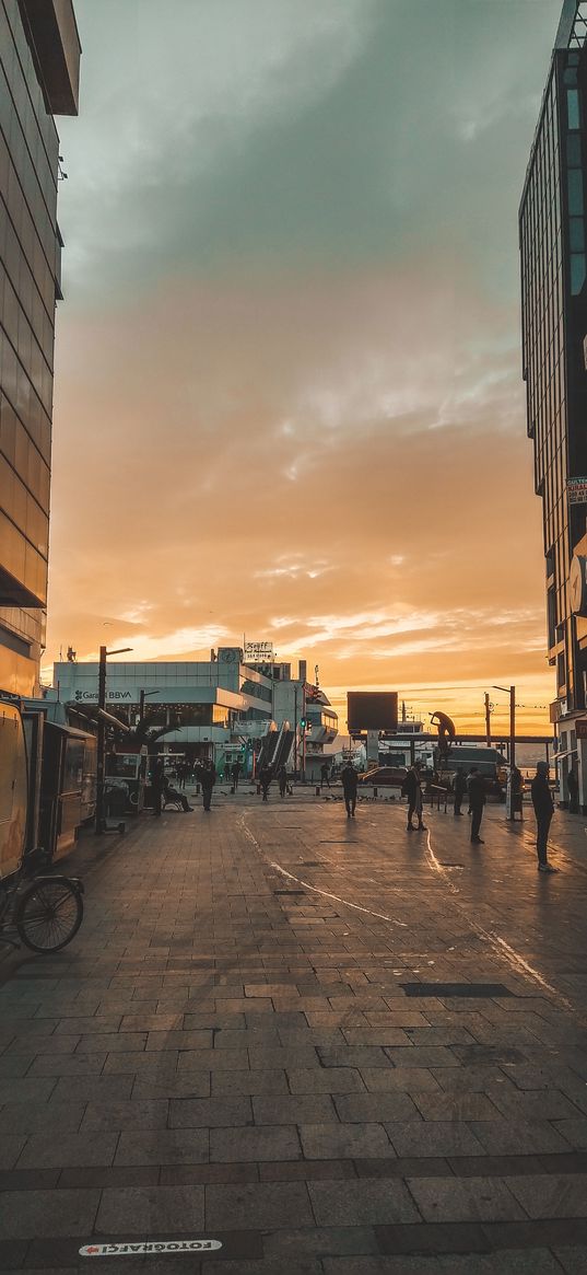 city, street, buildings, sky, sunset, tiles, paving stones