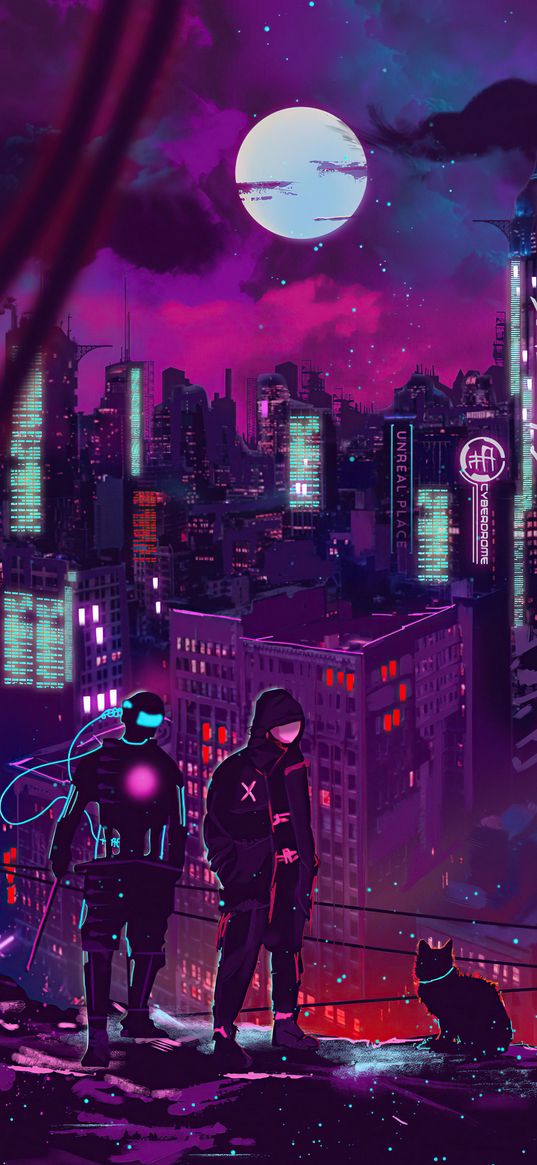 man, robot, cat, cyberpunk, city, skyscrapers, neon, light, night, moon