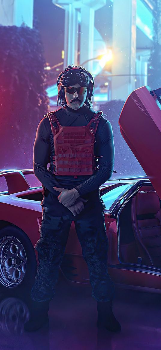 dr disrespect, streamer, auto, red auto, night, blue