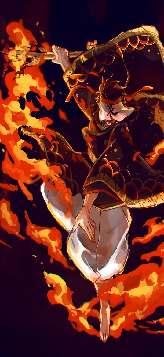 demon slayer, tanjiro, anime, fire, jump, art