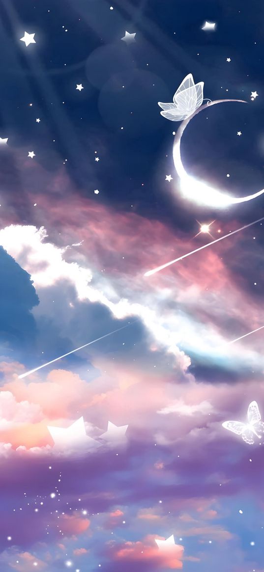 sky, butterflies, moon, stars, art