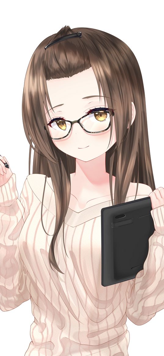 girl, smile, glasses, pen, anime