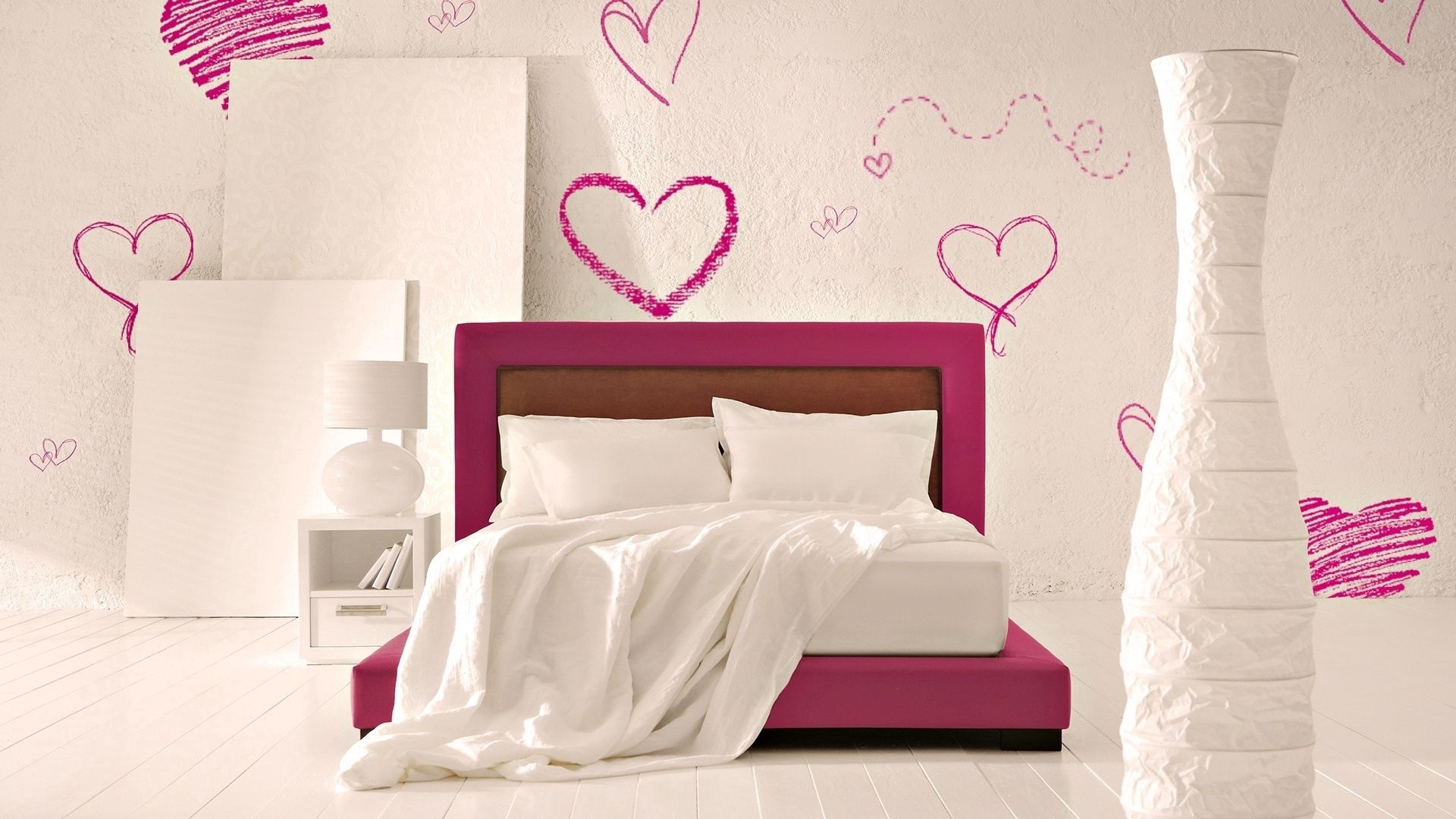 bed, room, romantic, heart, design