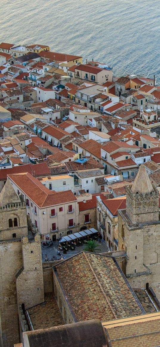 houses, buildings, towers, architecture, city, sea, aerial view