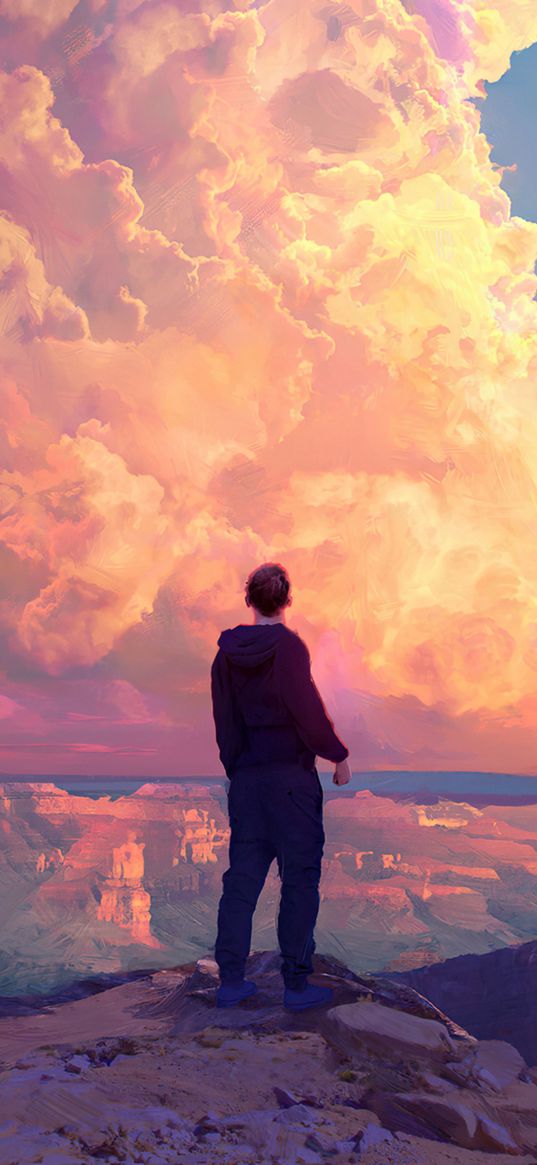 boy, loneliness, peak, mountains, clouds, sunset, art